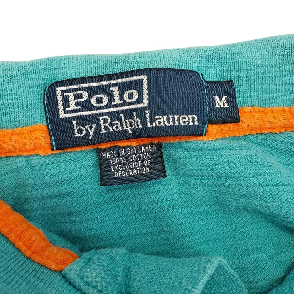 Ralph Lauren POLO Shirt Mens Medium Teal Multicolor Striped Casual Preppy Travel